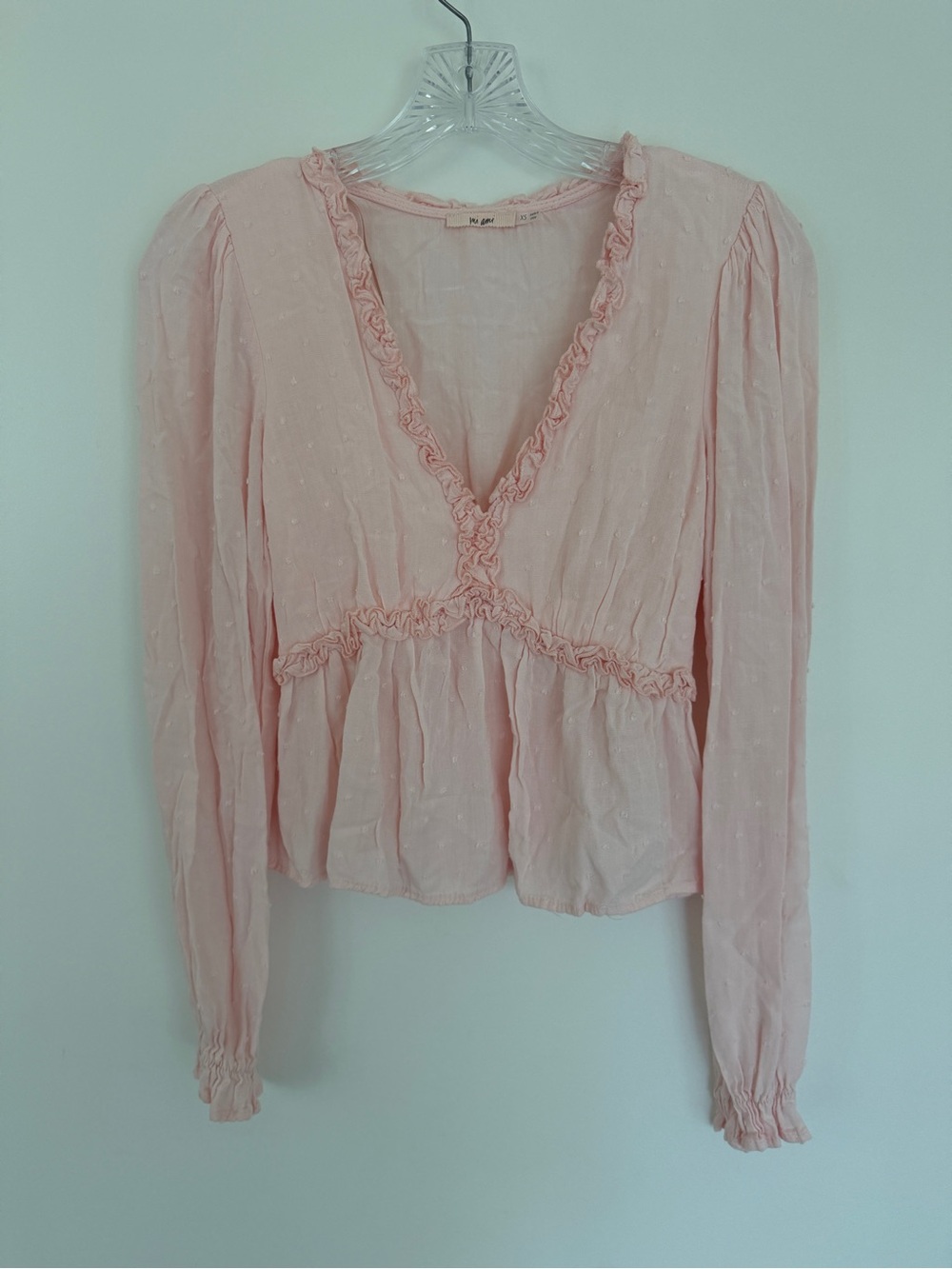 Light Pink Ruffle-Trim Long Sleeve V-Neck Top